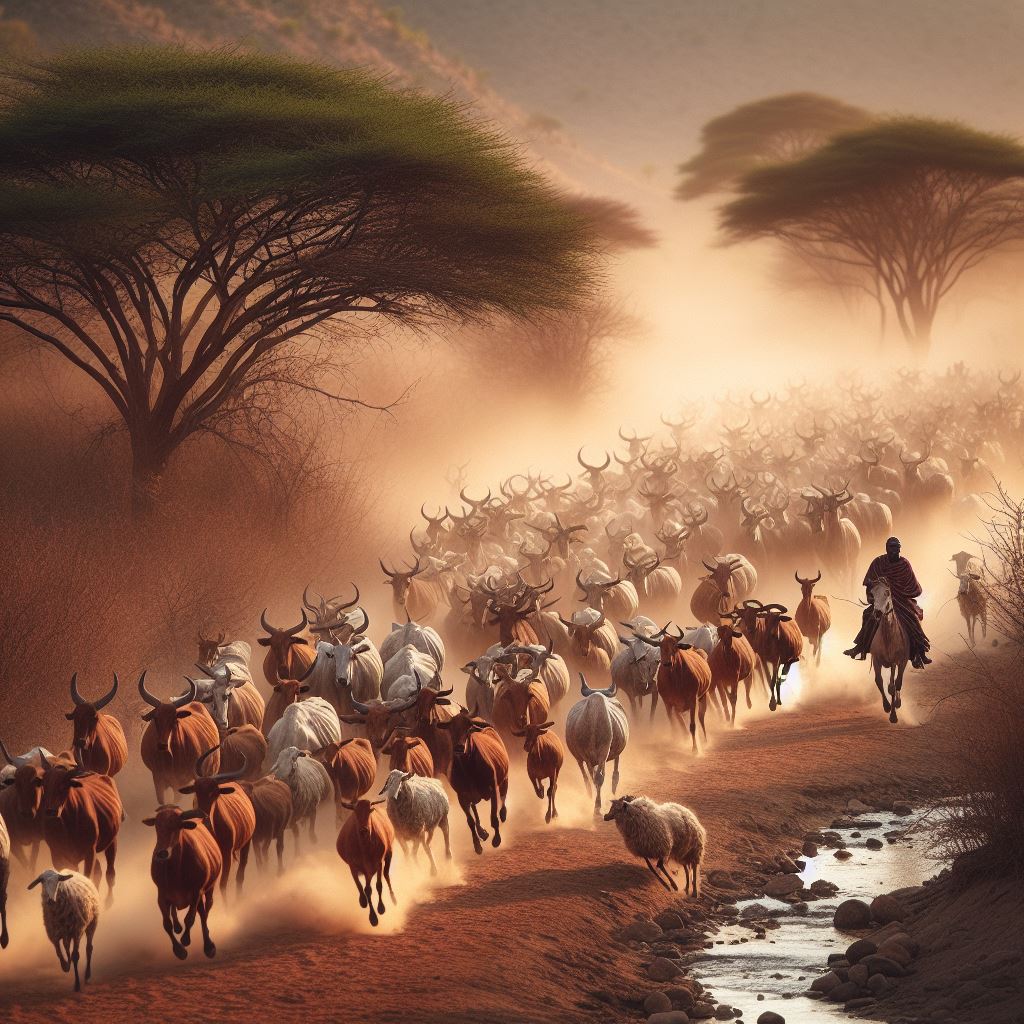 Pastoral livestock running through a dry savanna followed by a traditional herder on horseback